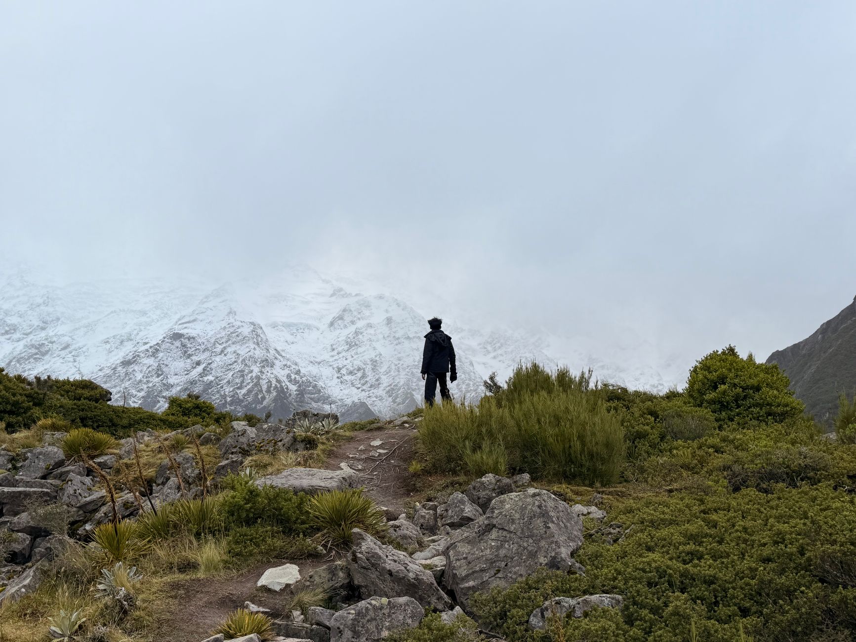Hiker looking out over New Zealand mountain ridge